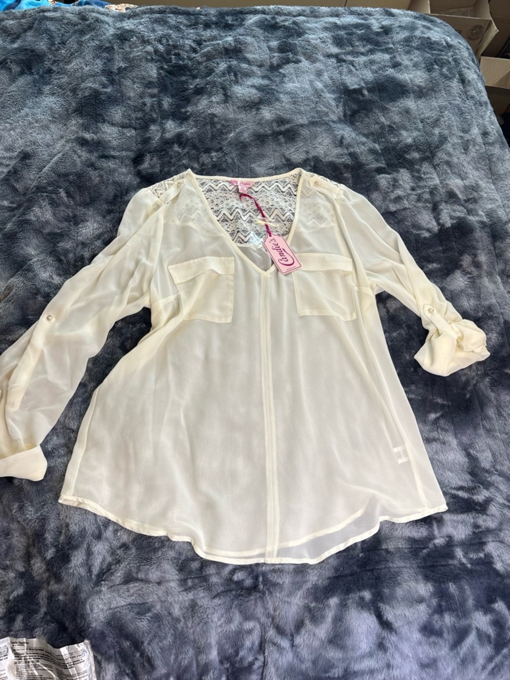 Candie's white Sheer Lace-Back V-Neck Blouse
